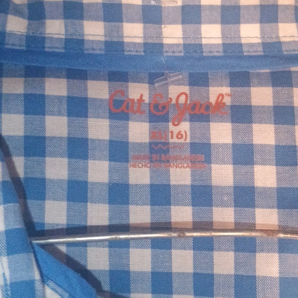 Cat and Jack size large 12/14 blue and white ginghams striped polo style shirt . - Picture 7 of 8